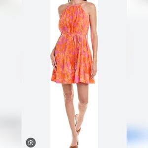 Taylor Pleated Crepe Vibrant Orange and Pink Floral Dress